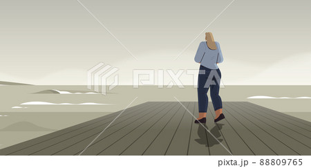 rear view businesswoman standing on wooden pier and looking to sea business and challenge crisis bankruptcy 88809765