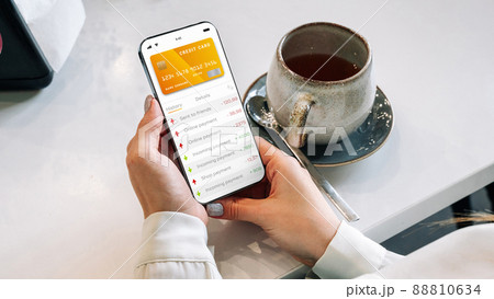 Mobile banking application. Girl holding mobile phone with internet online bank app. Credit card wallet application. Save money business wallet. 88810634