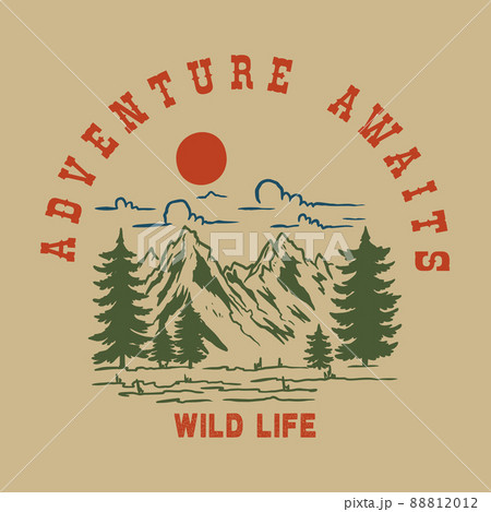 Adventure awaits. Vintage design with mountains, camping tent, campfire, and forest silhouettes. For poster, banner, emblem, sign, logo. Vector illustration Adventure awaits. Vintage design with mountains, camping tent, campfire, and forest silhouettes. For poster, banner, emblem, sign, logo. Vector illustration 88812012