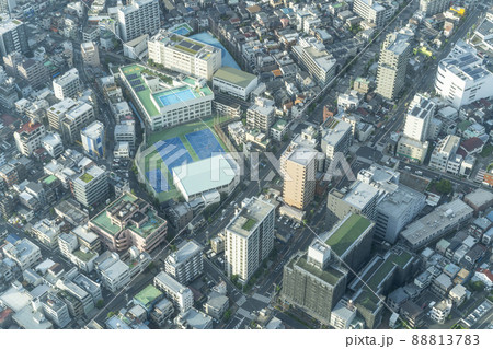 東京上空写真、隅田川のドローン撮影、ヘリからの東京の風景、東京スカイツリー展望台からの眺め 88813783