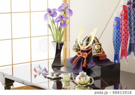 爽やかな光が差す和室に置かれた兜飾りと鯉のぼり / こどもの日・端午の節句・日本の伝統行事のイメージ 88813918