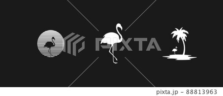 Set of retrowave design elements. Striped sun with flamingo silhouette, flamingo, island with palm tree and flamingo. Pack of retrowave 1980s style design elements. Vector Set of retrowave design elements. Striped sun with flamingo silhouette, flamingo, island with palm tree and flamingo. Pack of retrowave 1980s style design elements. Vector 88813963