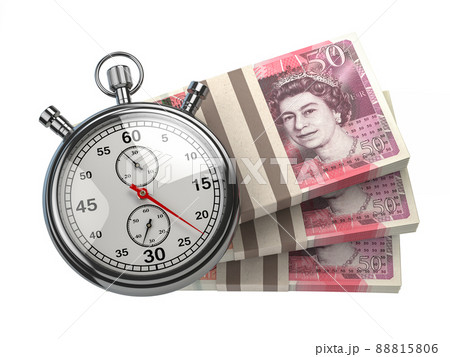 Stopwatch with packs of UK pounds isolated on white. Fast credit, financial and investments, time is money concept. Stopwatch with packs of UK pounds isolated on white. Fast credit, financial and investments, time is money concept. 88815806