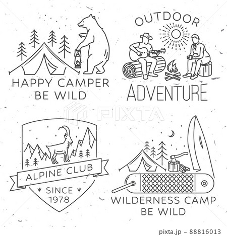Set of Outdoor adventure badge. Vector. Concept for shirt or print, stamp, travel badge or tee. Vintage line art design with camping tent, bear with lantern, campfire, camper tent, pot on the fire Set of Outdoor adventure badge. Vector. Concept for shirt or print, stamp, travel badge or tee. Vintage line art design with camping tent, bear with lantern, campfire, camper tent, pot on the fire 88816013