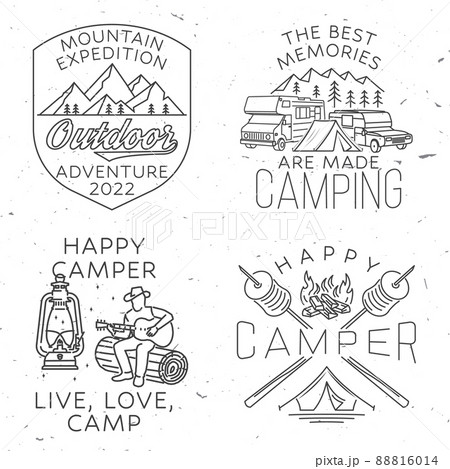 Set of mountain expedition badge. Vector illustration. Concept for shirt or logo, print, stamp or tee. Vintage line art design with campfire, marshmallow, rv, motorhome, camping trailer. Set of mountain expedition badge. Vector illustration. Concept for shirt or logo, print, stamp or tee. Vintage line art design with campfire, marshmallow, rv, motorhome, camping trailer. 88816014