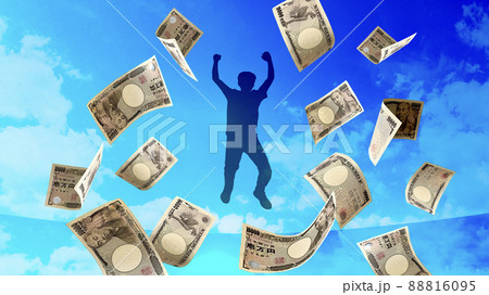 ジャンプする男性と舞い散る一万円札 88816095