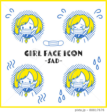 マスクをした女子学生の顔アイコンセット 悲しい 泣き顔 青系のイラスト素材