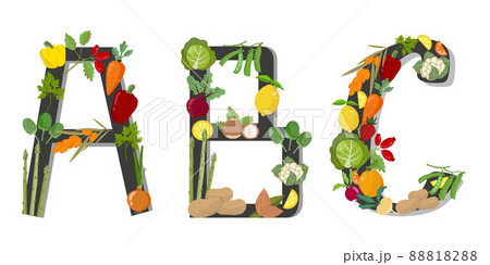 Vitamin A,B,C set of vegetables and berries, letter A isolated on white background. Vector illustration 88818288