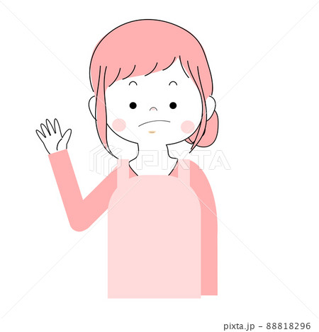 イラスト素材 手を上げているエプロンを着た女性の単品素材 笑顔 驚き のイラスト素材 8196
