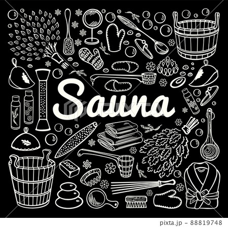Sauna and spa accessories on black board background 88819748