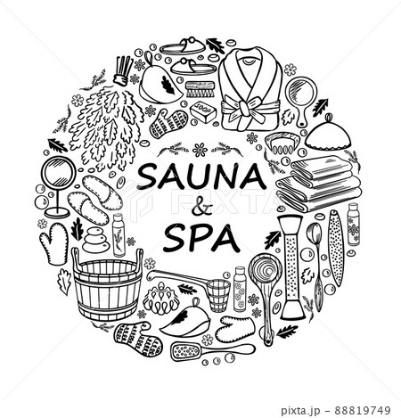 Sauna and spa accessories on a white background in a circle 88819749