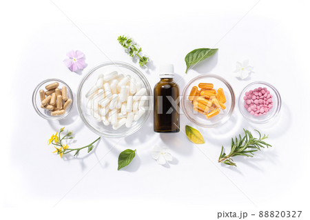 Flat lay composition of various vitamin capsules and dietary supplements isolated on white background. Vitamin complexes concept. 88820327
