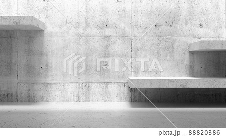 Abstract empty interior, white concrete wall with shelves 3 d 88820386