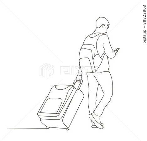 Young traveler man walking with a suitcase and a backpack looks into the phone. Young traveler man walking with a suitcase and a backpack looks into the phone. 88822903