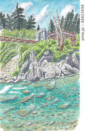 北アルプスの夏　清涼の黒部川源流　薬師沢小屋と吊り橋 88823698