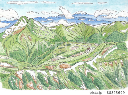 北アルプス水晶岳（黒岳）山頂からの山々　黒部五郎岳と雲ノ平全景　霊峰白山遠景 88823699