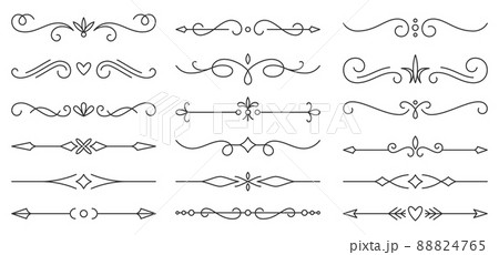 Divider border vintage black line set. Ornamental curl classic design element text frame wedding invitation banner postcard. Rich elegant divider pattern flourish decoration vector isolated on white Divider border vintage black line set. Ornamental curl classic design element text frame wedding invitation banner postcard. Rich elegant divider pattern flourish decoration vector isolated on white 88824765