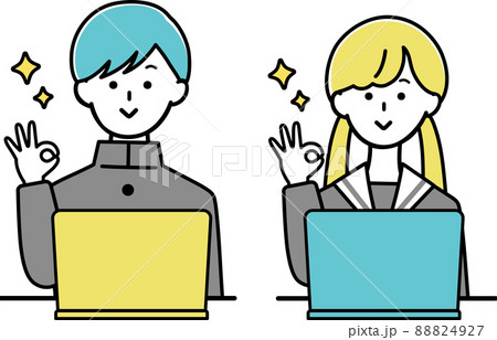 パソコン OKポーズの学生 男性と女性 線あり パソコン OKポーズの学生 男性と女性 線あり 88824927
