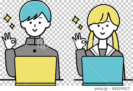パソコン OKポーズの学生 男性と女性 線あり パソコン OKポーズの学生 男性と女性 線あり 88824927
