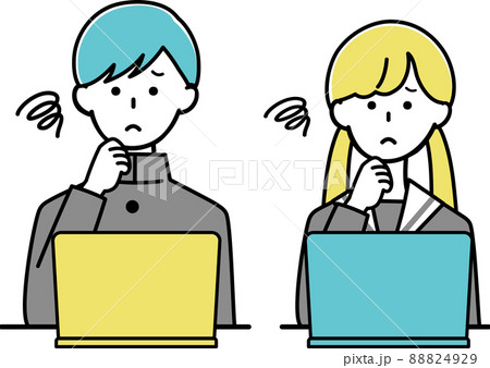 パソコン　困っている学生　男性と女性　線あり 88824929