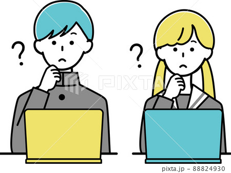パソコン　疑問がある学生　男性と女性　線あり 88824930