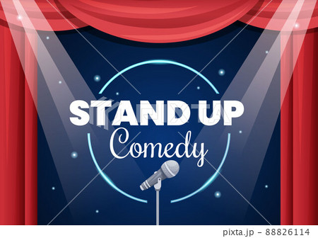 Stand Up Comedy Show Theater Scene with Red Curtains and Open Microphone to Comedian Performing on Stage in Flat Style Cartoon Illustration 88826114