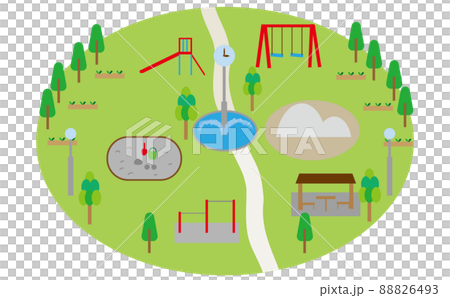 一個被大自然包圍的廣闊公園的插圖，孩子們可以在這裡玩耍。玩具套裝 / 陽光明媚 / 戶外 / 風景 88826493