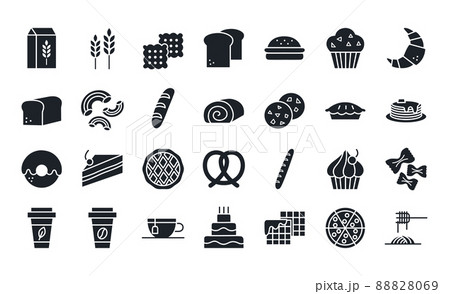 Bread, bakery products, pastry and confectionery icon set. Isolated vector silhouettes 88828069