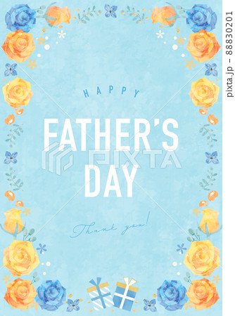 父の日の黄色いバラの花とプレゼントのベクターイラストフレーム背景 88830201