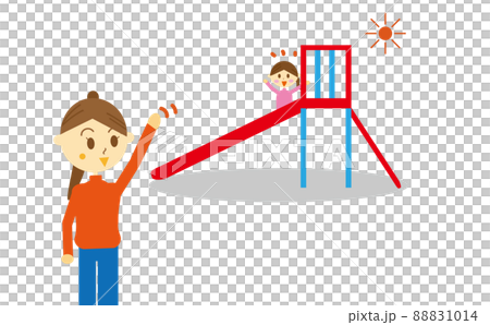 公園で子供が遊ぶのを見守る母親 保育園に仕事帰りに娘を迎えに行くママのイラスト 滑り台のイラスト素材 1014