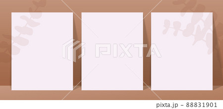 Rectangular poster mockup with realistic shadows overlays leaves on pastel background. Rectangular poster mockup with realistic shadows overlays leaves on pastel background. 88831901