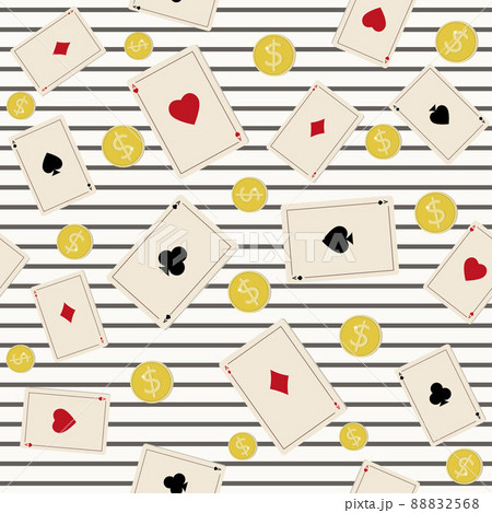 Pattern of playing cards with gold coins on a striped background, color vector illustration Pattern of playing cards with gold coins on a striped background, color vector illustration 88832568