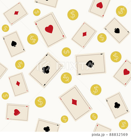 Pattern of playing cards with gold coins on a white background, color vector illustration 88832569