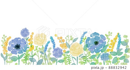 水彩画 水彩タッチの草木と花フレーム グラデーションカラーの草木と花イラスト 透明水彩で描いた装飾枠のイラスト素材 8942