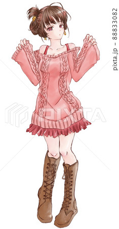 ピンクのセーターを着て立っている女の子のイラスト素材 80
