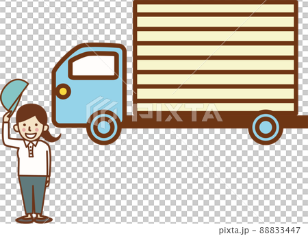 トラックの前で帽子をあげて挨拶をする女性の運転手。 88833447