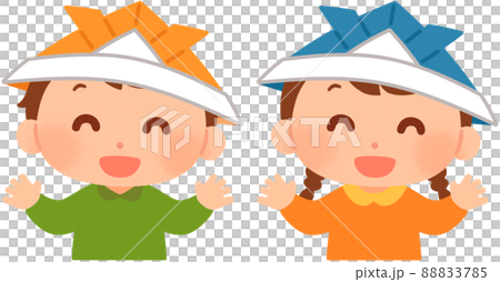 折り紙の兜をかぶっている男の子と女の子 折り紙の兜をかぶっている男の子と女の子 88833785