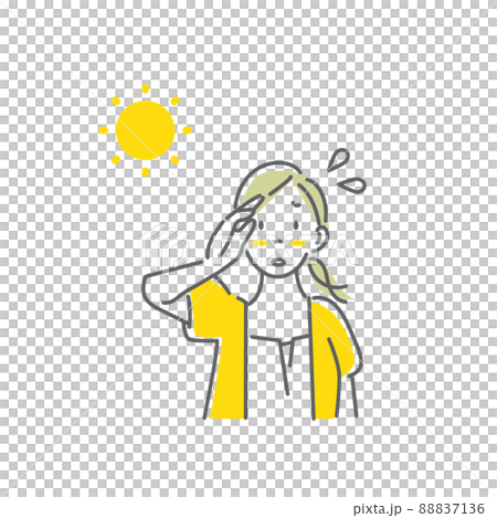 一個簡單而時尚的線條畫圖，描繪了一個在炎熱的天氣裡在戶外擦汗的女人 88837136