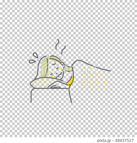 就寝中に熱中症になった女性　シンプルでお洒落な線画イラスト 88837527