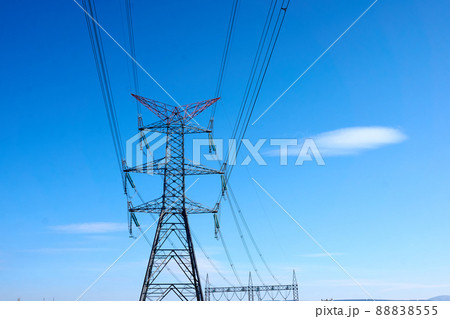 High voltage towers with hanging power lines High voltage towers with hanging power lines 88838555
