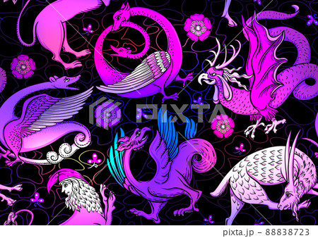 Medieval mythical animals, illuminati manuscript inspiration, Medieval mythical animals, illuminati manuscript inspiration, 88838723