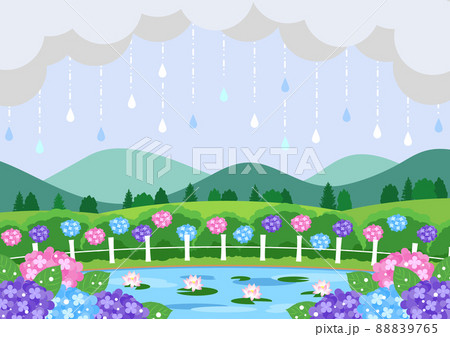 田舎の池の梅雨背景のイラスト素材 8765