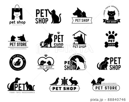 Pet shop badges. Domestic animals dogs cats stylized symbols for zoo market recent vector pictures set isolated Pet shop badges. Domestic animals dogs cats stylized symbols for zoo market recent vector pictures set isolated 88840746