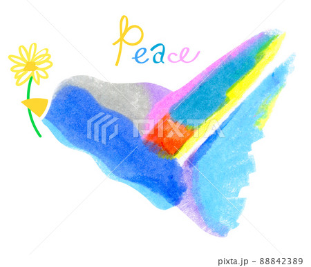 平和の象徴の鳩をイメージした鳥のシルエットのグラフィックとデイジーの花 Peaceの文字のアイコンのイラスト素材 8423