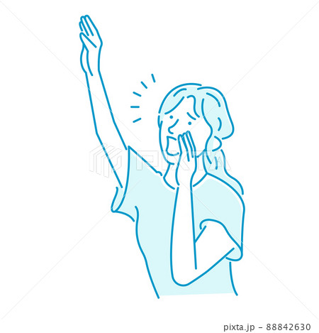 手を口に当てて声を出す 若い日本人女性 イラスト 上半身 心配 注意のイラスト素材