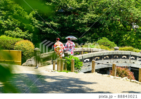 日本庭園「新緑の庭園風景」観光名所 水前寺成趣園 日本・九州・熊本県 日本庭園「新緑の庭園風景」観光名所 水前寺成趣園 日本・九州・熊本県 88843021