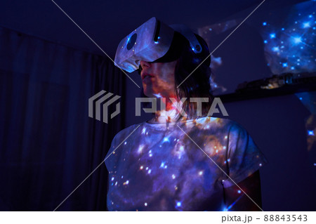 Woman is using virtual reality headset. Elements of this image furnished by NASA. 88843543