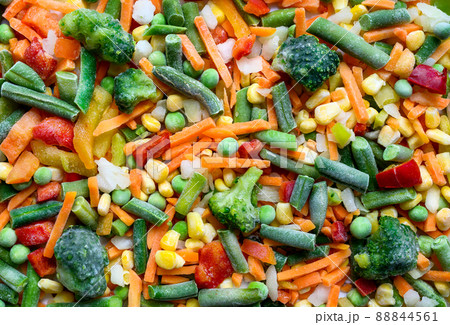 Frozen vegetable mixture of carrots, corn, peas, legume, broccoli, pepper Frozen vegetable mixture of carrots, corn, peas, legume, broccoli, pepper 88844561