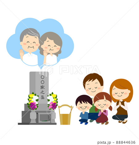 おじいちゃんおばあちゃんのお墓参りをする家族（秋冬） 88844636