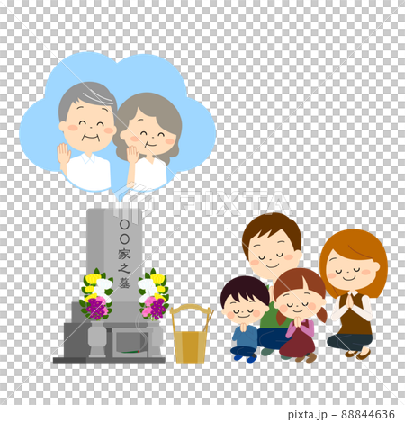 おじいちゃんおばあちゃんのお墓参りをする家族（秋冬） 88844636